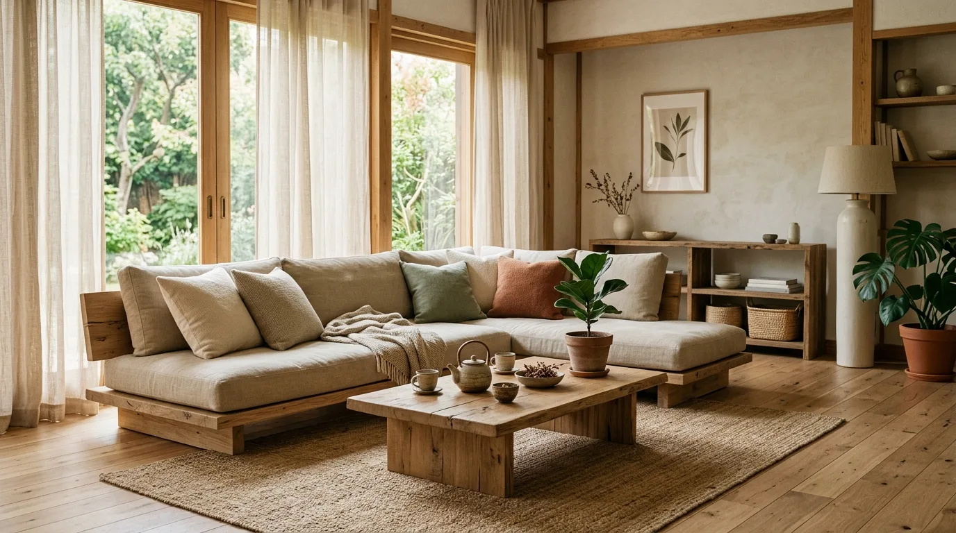 Use low seating and unfinished wood inspiration for a Wabi Sabi interior.